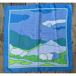 Vtg 70s Scarf Patchwork Op Art Scenic Mountain Trees Nature Head Scarf Bandana